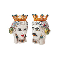 Coppia Teste di Moro h 17 cm in ceramica di Caltagirone con frutti