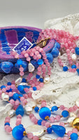 Collana 5 fili in quarzo rosa, occhio di gatto turchese e perle naturali