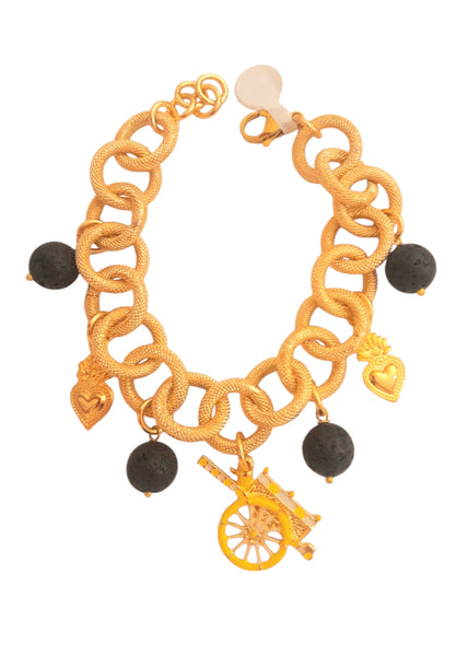Bracciale a maglia catena dorata con pendenti e carrettino siciliano giallo