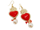 Orecchini Ex Voto Cuore Sacro di Gesù in metallo smaltato e perla bianca