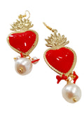 Orecchini Ex Voto Cuore Sacro di Gesù in metallo smaltato e perla bianca
