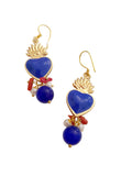 Orecchini Ex Voto Cuore Sacro in Metallo Dorato e pendente in agata blu