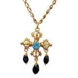Collana croce con cristallo centrale in azzurro e pendenti in nero