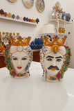Coppia Teste di Moro h 17 cm in ceramica di Caltagirone con fichi