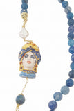 Collana agata striata blu con Testa di Moro in Ceramica al terzo fuoco