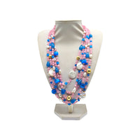 Collana 5 fili in quarzo rosa, occhio di gatto turchese e perle naturali