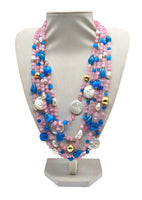 Collana 5 fili in quarzo rosa, occhio di gatto turchese e perle naturali