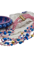 Collana 5 fili in quarzo rosa, occhio di gatto turchese e perle naturali