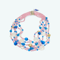 Collana 5 fili in quarzo rosa, occhio di gatto turchese e perle naturali