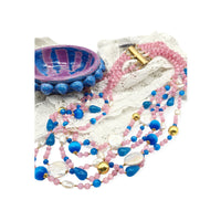 Collana 5 fili in quarzo rosa, occhio di gatto turchese e perle naturali