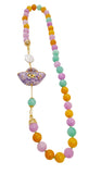 Collana lunga con agate colorate e coffa siciliana in ceramica