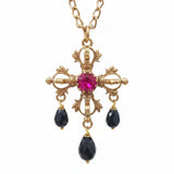 Set collana e orecchini con croce con cristallo centrale in fucsia e pendenti in nero
