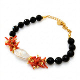 Collana e bracciale in onice, con corallo e perla