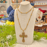 Collana in ottone con Croce in filigrana e gemme