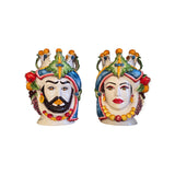 Coppia teste di moro con corona turbante e frutti, h cm 40