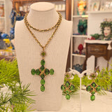 Collana e Orecchini Croce in cristallo verde smeraldo