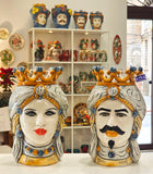 Coppia teste di moro con corona h cm 25 ocra e azzurre