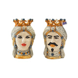 Coppia teste di moro con corona h cm 25 ocra e azzurre