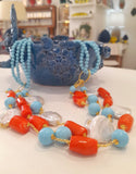 Collana 3 fili pasta turchese con coralli e perle