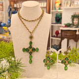 Collana e Orecchini Croce in cristallo verde smeraldo