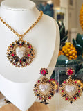 Collana e orecchini in ottone con cuore sacro e cristalli