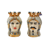 Coppia teste di moro con corona h cm 25 ocra e azzurre