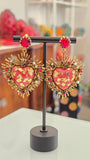 Orecchini cuore sacro ex voto in ottone con raggi e foglia oro
