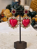 Orecchini cuori sacri ex voto con cristalli e smalto corallo