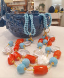 Collana 3 fili pasta turchese con coralli e perle