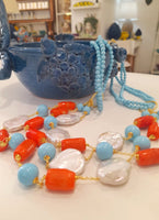 Collana 3 fili pasta turchese con coralli e perle
