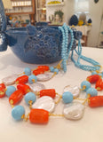 Collana 3 fili pasta turchese con coralli e perle