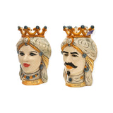 Coppia teste di moro con corona h cm 25 ocra e azzurre