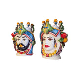 Coppia teste di moro con corona turbante e frutti, h cm 40