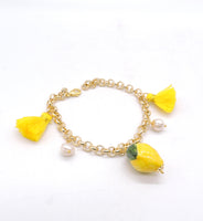 Bracciale Catenella Dorata con Limone in ceramica e Nappe Gialle