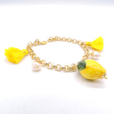 Bracciale Catenella Dorata con Limone in ceramica e Nappe Gialle